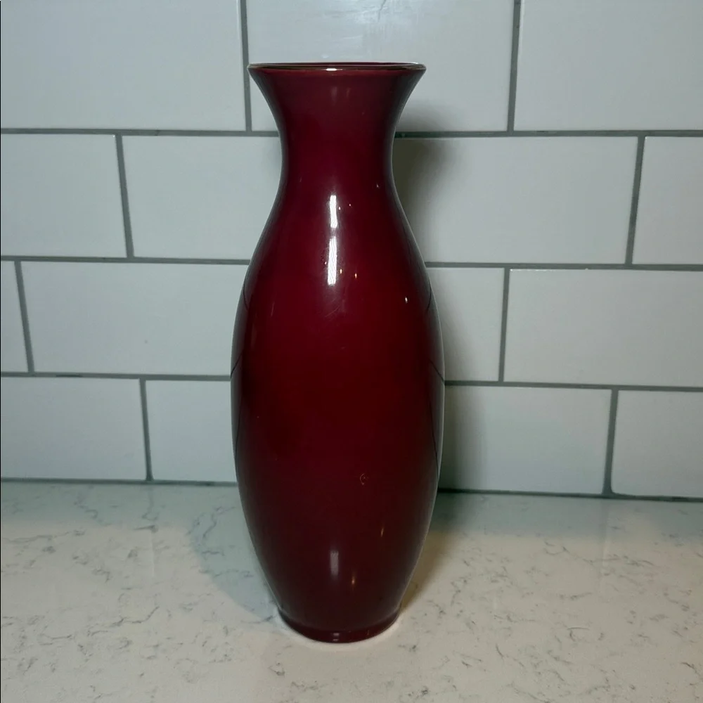 Vintage 1980s Imperial Japan Hand Painted Ceramic Vase Red Gold Peacock 11